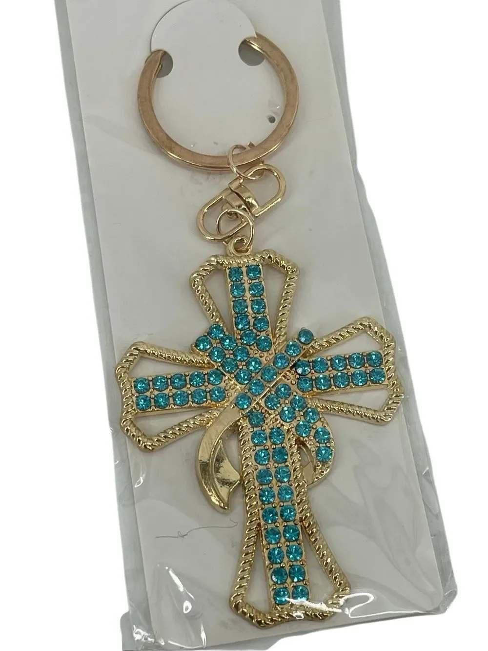 Crystal Rhinestone Cross Keychain Purse Charm Gold Silver Pink Blue NWT